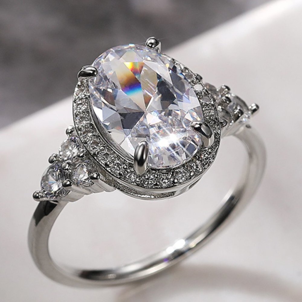 😍Beautiful Noble Oval Pure CZ Macro Pave Silver Wedding Luxury Rings, K936